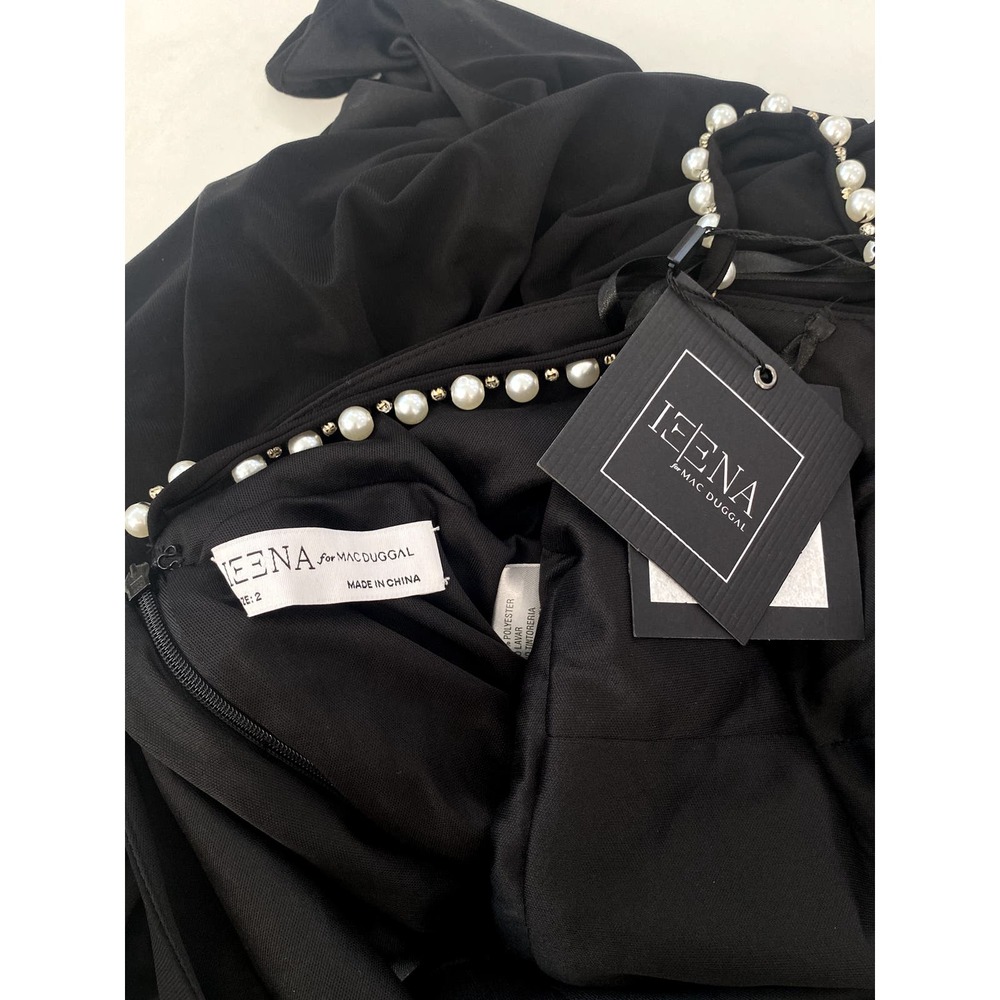 Mac Duggal Pearl Crystal Strap V Neck Front Slit Gown Black 2 - Picture 3 of 7